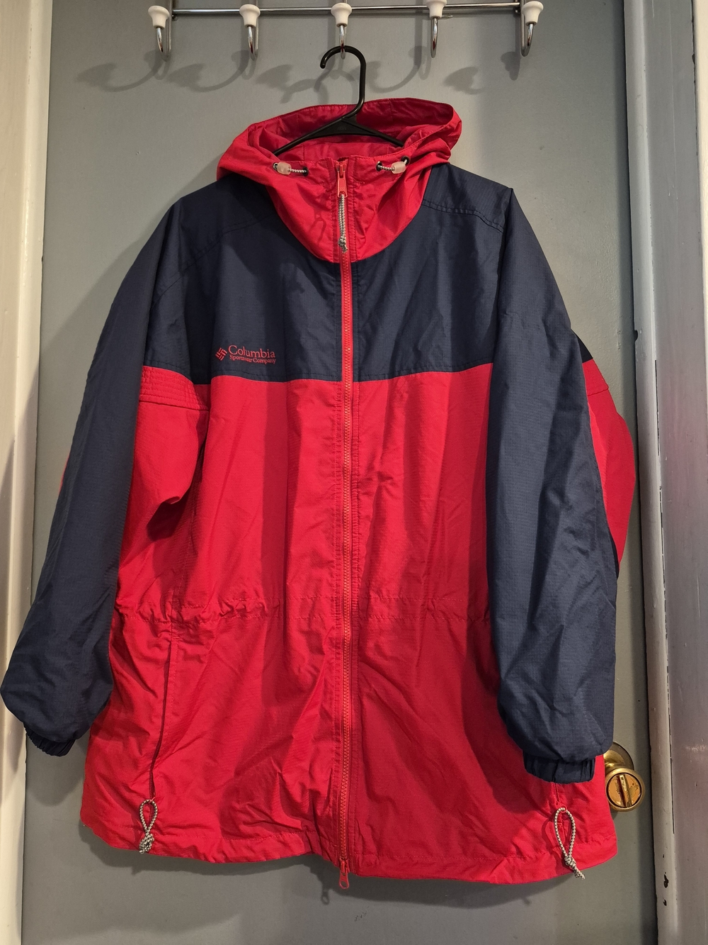 Vintage 90s Columbia Colorblock Windbreaker Jacket Large Red Navy Blue Hooded